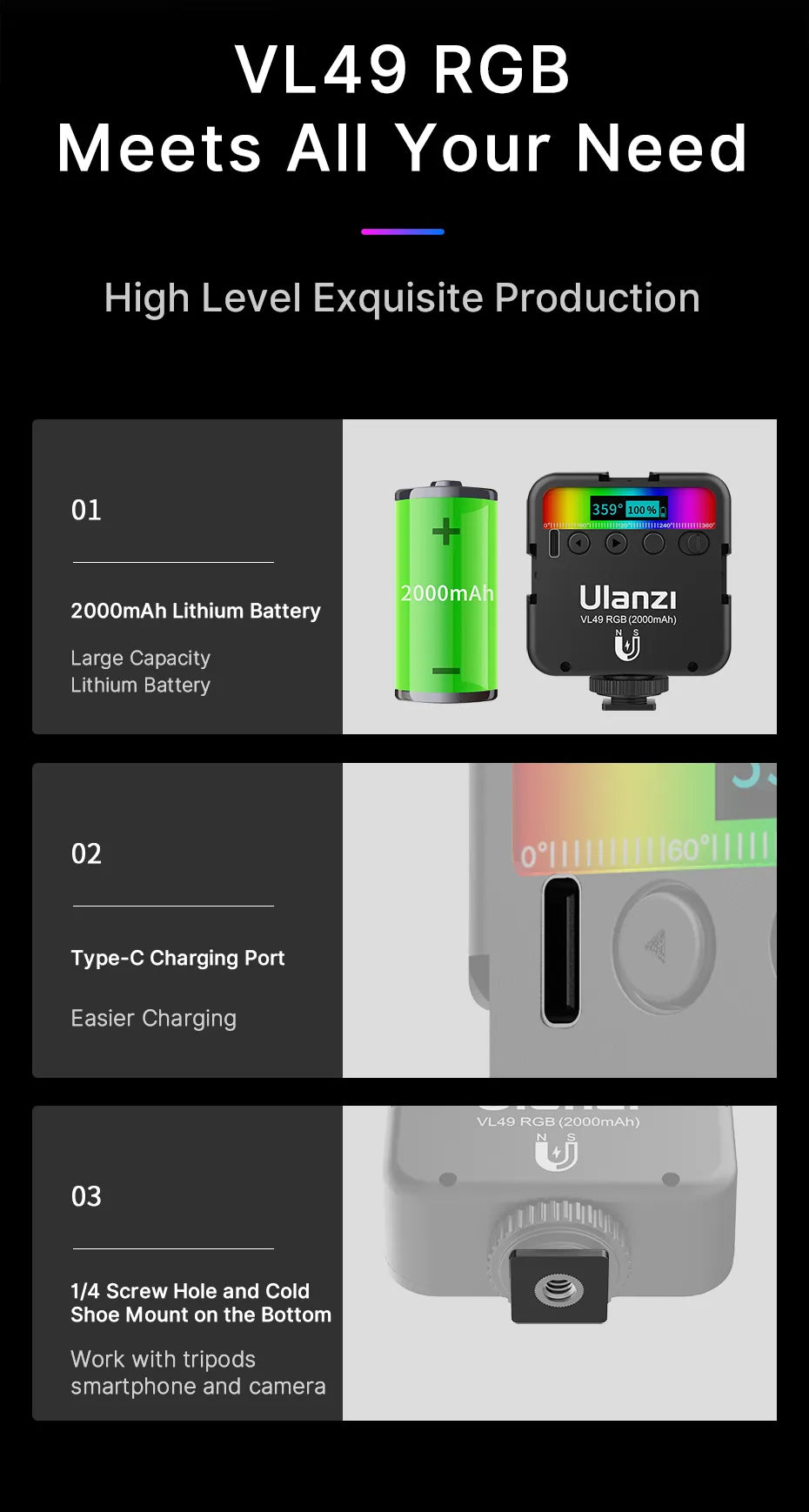 ulanzi vl49 rgb video lights rechargeable