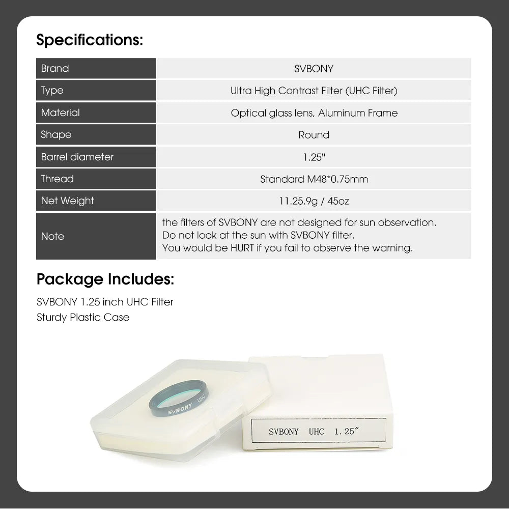 Svbony UHC Filter 1.25 specifications