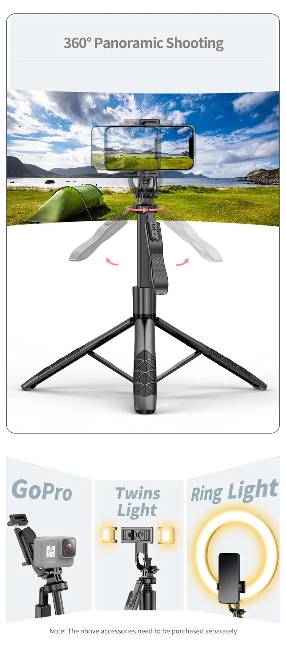 Selfie Stick Tripod with Wireless Bluetooth Remote