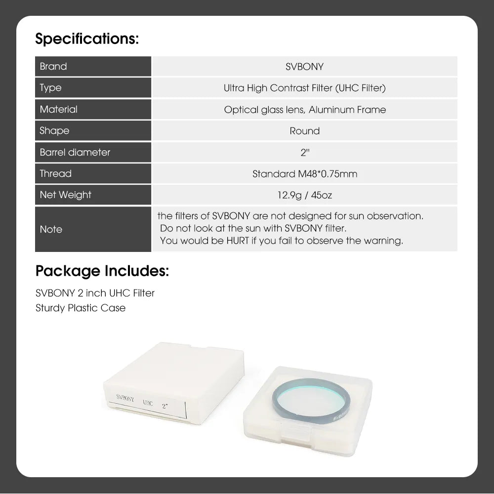 Svbony 2" UHC Filter box specification