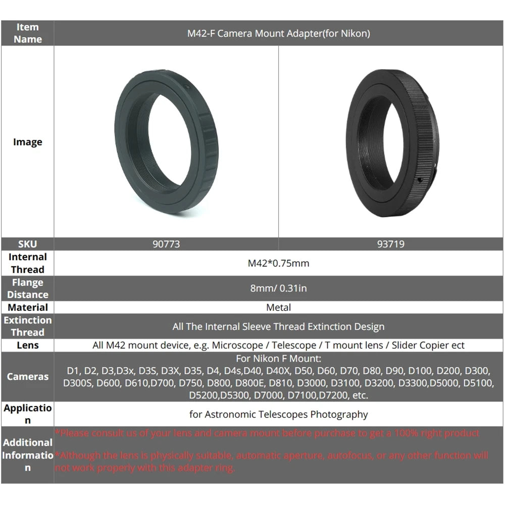 M42 To Nikon F Mount T-Ring T2-F Adapter