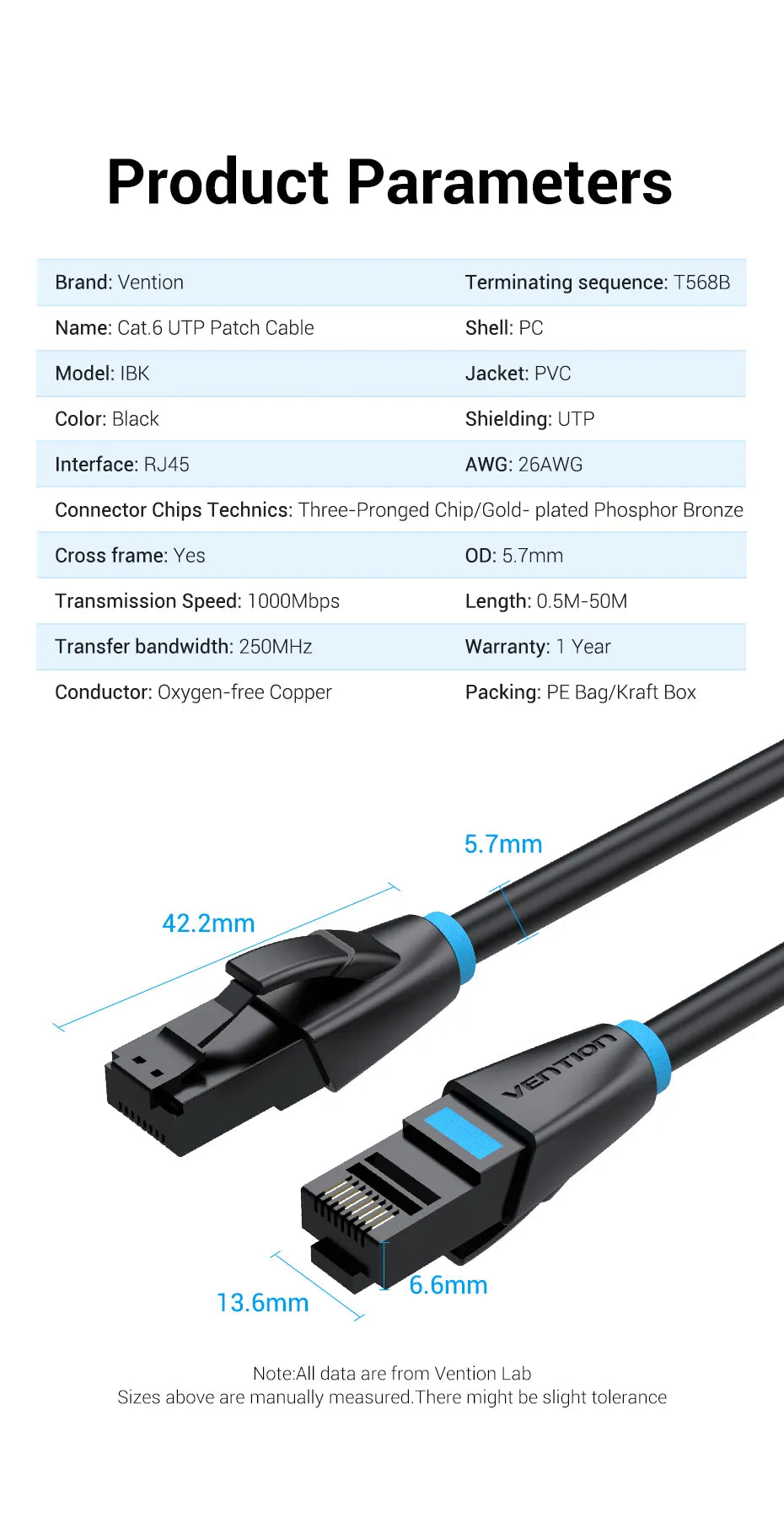 Ethernet Cable Cat 6 1m 3m 5m 8m 10m 15m 20m 25m 30m 35m 40m Parameters