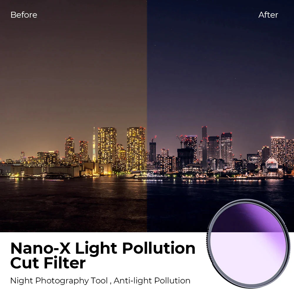 K&F Concept Natural Night Filter Light Pollution Filter 58mm 67mm 77mm 82mm before and after comparison