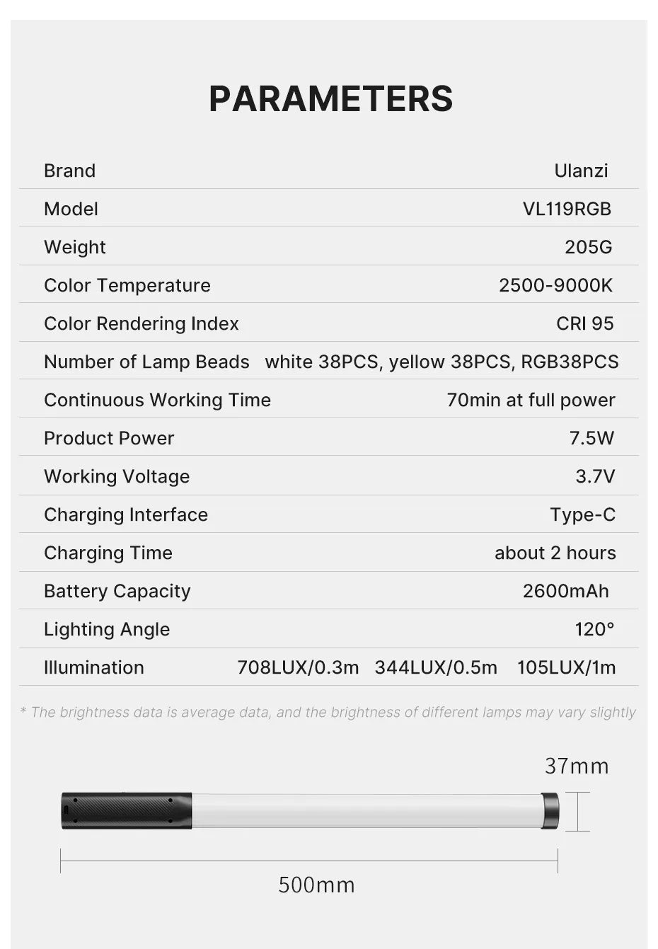 ulanzi vl119 rgb handheld led light stick bar parameters
