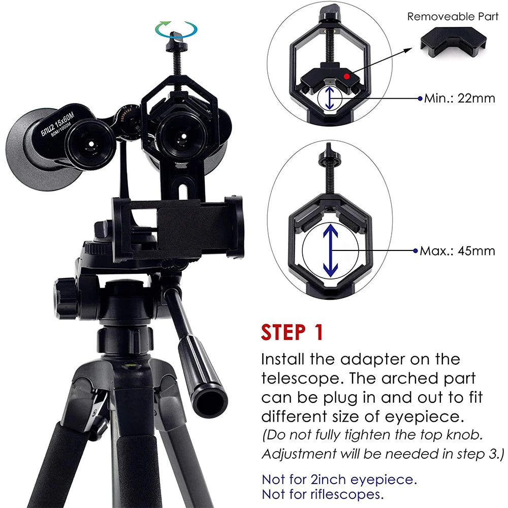 Universal Smartphone Photography Adapter 22-45mm for Telescope, Binoculars, Microscope